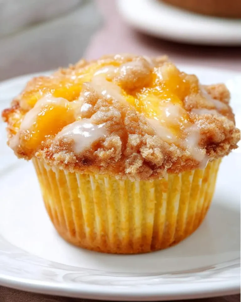 A delicious peach cobbler muffin with a crumbly streusel topping and white glaze, sitting on a white plate.