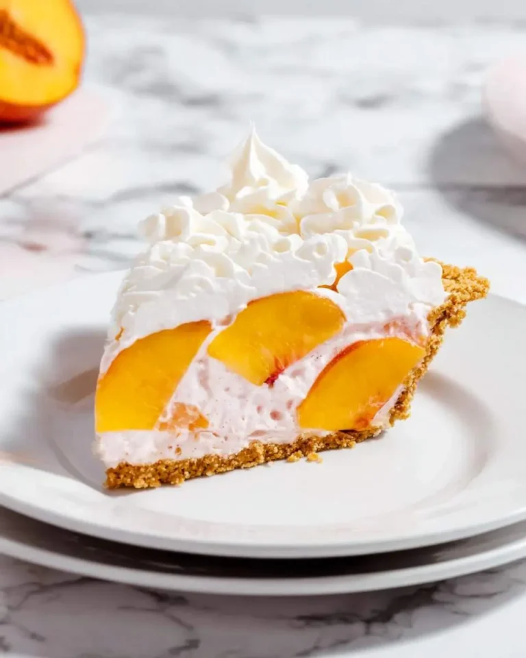 A delightful slice of Peach Cool Whip Pie, featuring juicy peach chunks in a creamy pink filling, topped with whipped cream on a graham cracker crust.