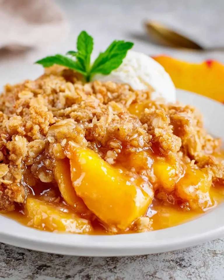 A delicious plate of warm peach crisp with fresh peaches, topped with a scoop of vanilla ice cream and a mint sprig.