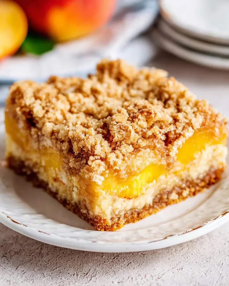 A delicious square Peach Crumble Bar on a white plate, showcasing its golden crumb topping and juicy peach filling layers.