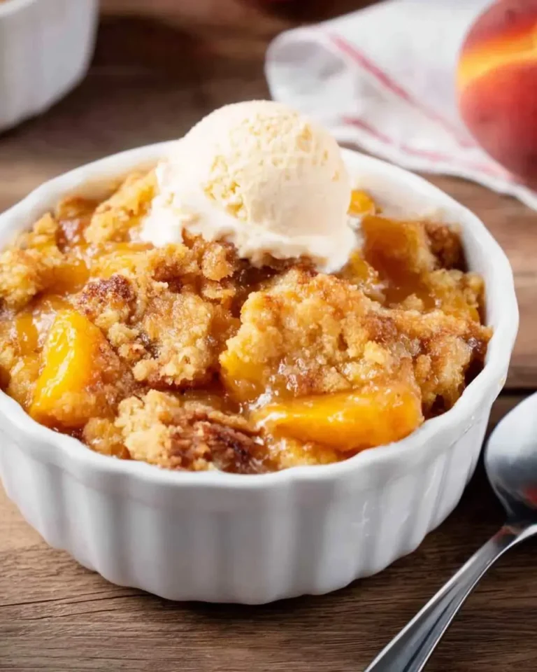 A warm Peach Dump Cake with a scoop of melting vanilla ice cream in a white ramekin on a wooden surface.