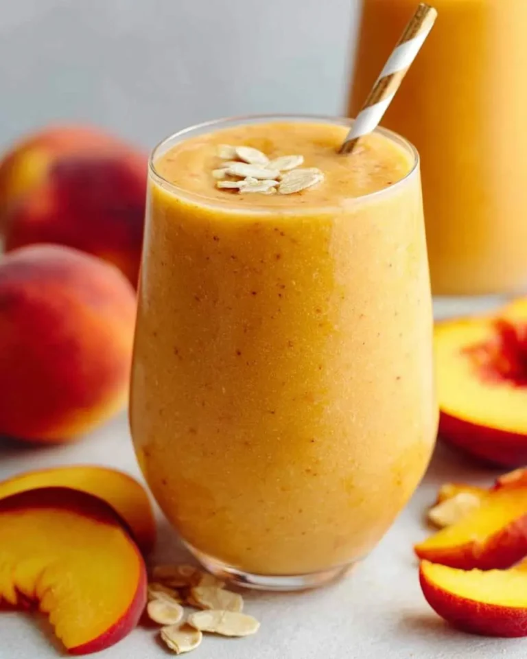 A refreshing Peach Ginger Smoothie in a glass, garnished with oats, surrounded by fresh peaches and peach slices.