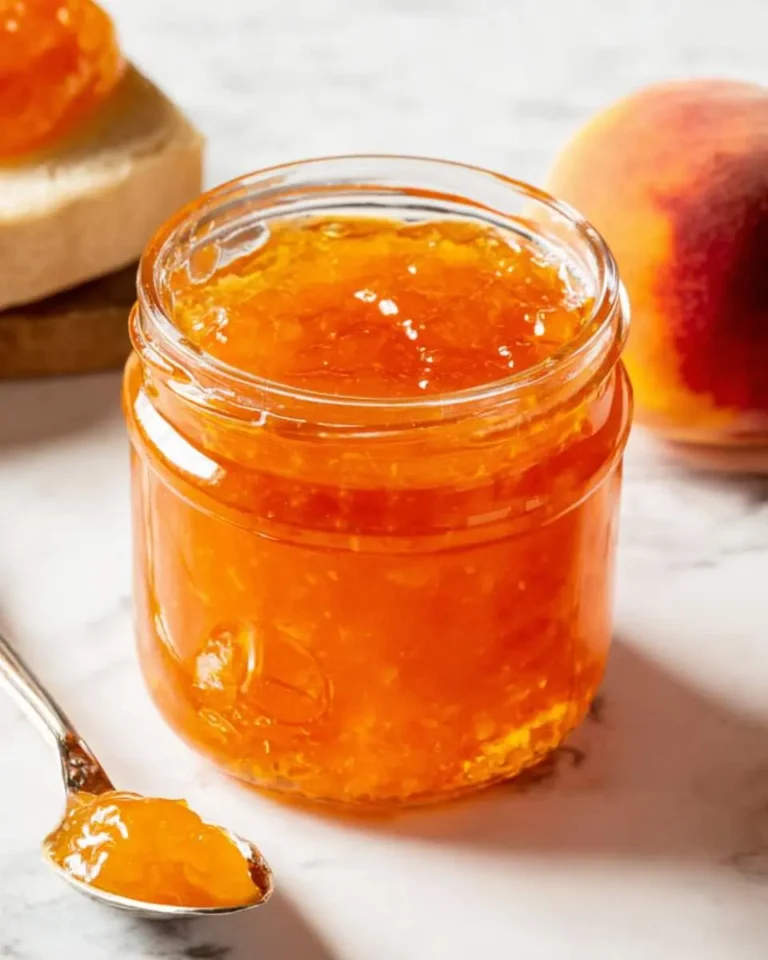 A jar of vibrant homemade Peach Jam sits on a marble counter with a spoonful, bread, and a fresh peach.