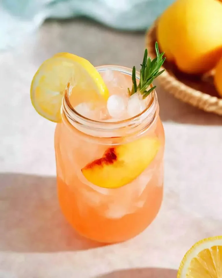 A refreshing glass of peach lemonade with ice, garnished with a lemon slice and rosemary, and a peach wedge inside.
