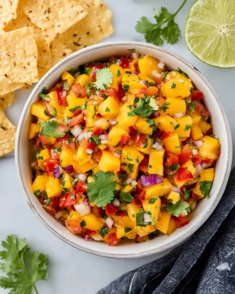 A close-up overhead view of a bowl of fresh, vibrant Peach Mango Salsa with tortilla chips and a lime slice on the side.