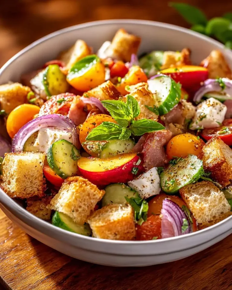A vibrant peach panzanella salad bowl with toasted croutons, fresh peaches, cucumbers, cherry tomatoes, red onion, and basil.
