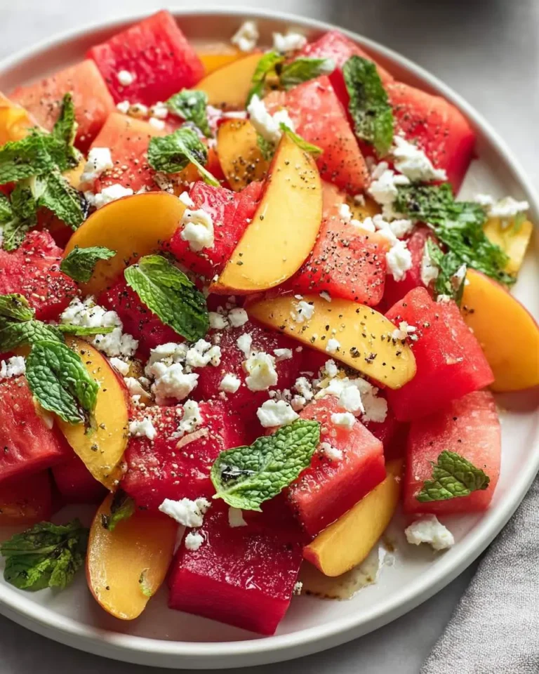 A vibrant Peach Watermelon Salad with crumbled feta cheese, fresh mint leaves, and a drizzle of dressing on a white plate.