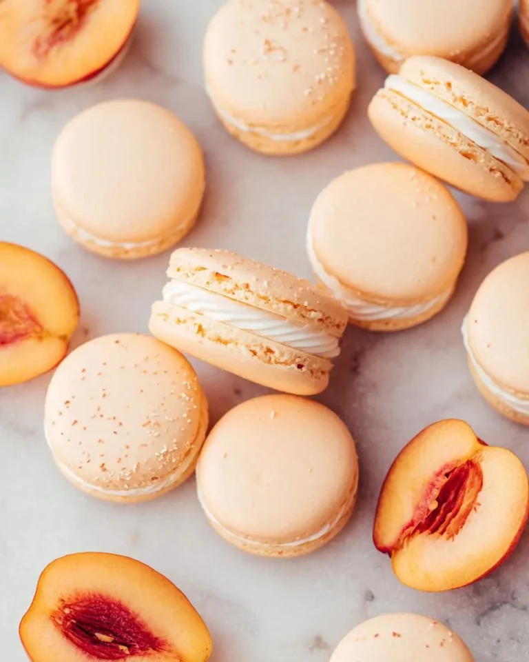 A top-down view of beautiful Peaches and Cream Macarons scattered on a light surface, accompanied by fresh peach halves.