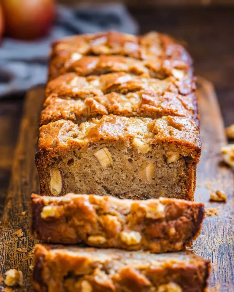 A golden-brown loaf of peanut butter apple banana bread is sliced on a rustic wooden board, revealing soft interior with apple chunks.