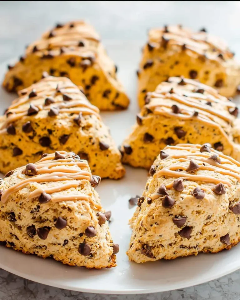 A plate filled with delicious, freshly baked peanut butter chocolate chip scones, drizzled with sweet icing.