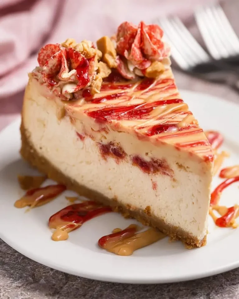 A decadent slice of Peanut Butter & Jelly Cheesecake, swirled with red jelly and creamy peanut butter, topped with peanut butter cups and whipped cream.