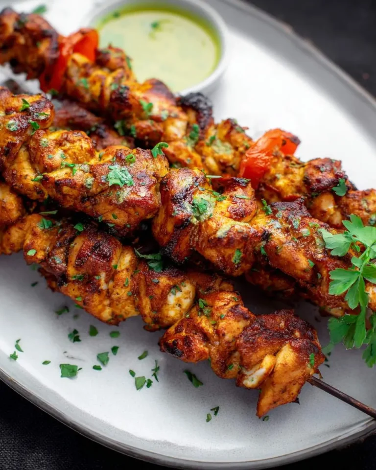 Peruvian chicken skewers, grilled to perfection and garnished with fresh herbs, served on a plate with green dipping sauce.