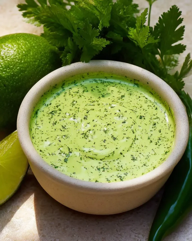 A creamy, vibrant Peruvian green sauce in a bowl, garnished with fresh herbs, alongside whole and cut limes, and a green chili.