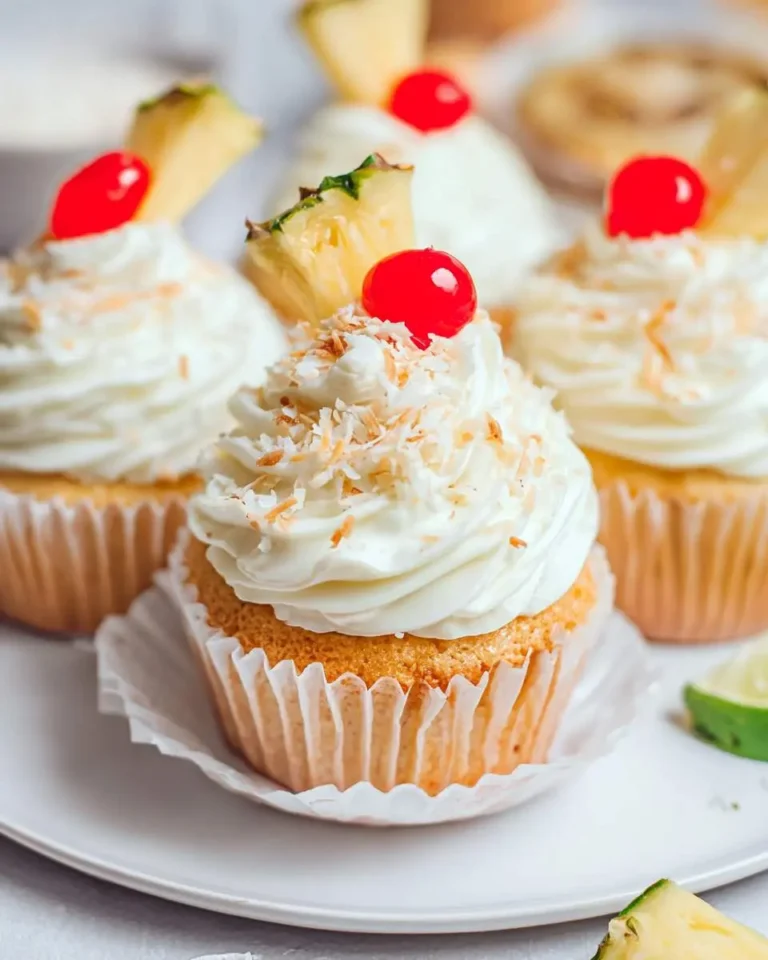 Close-up of delicious Pina Colada Cupcakes, topped with white frosting, toasted coconut flakes, a maraschino cherry, and a pineapple wedge.