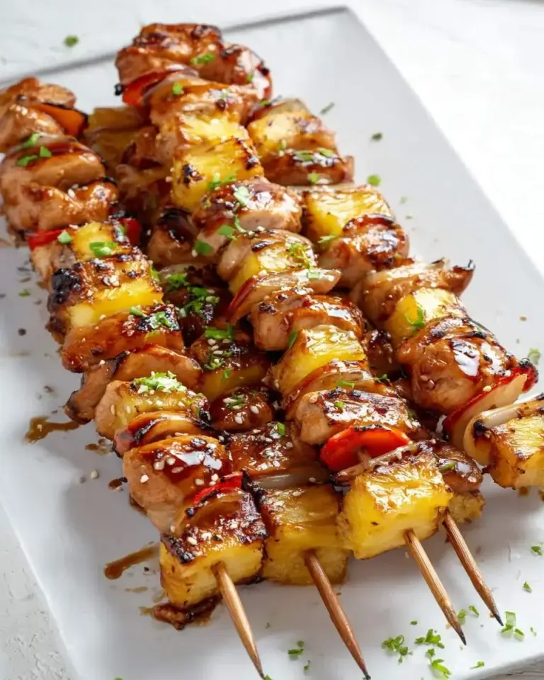 Delicious Pineapple Teriyaki Chicken Skewers garnished with sesame seeds and fresh herbs, served on a white platter.