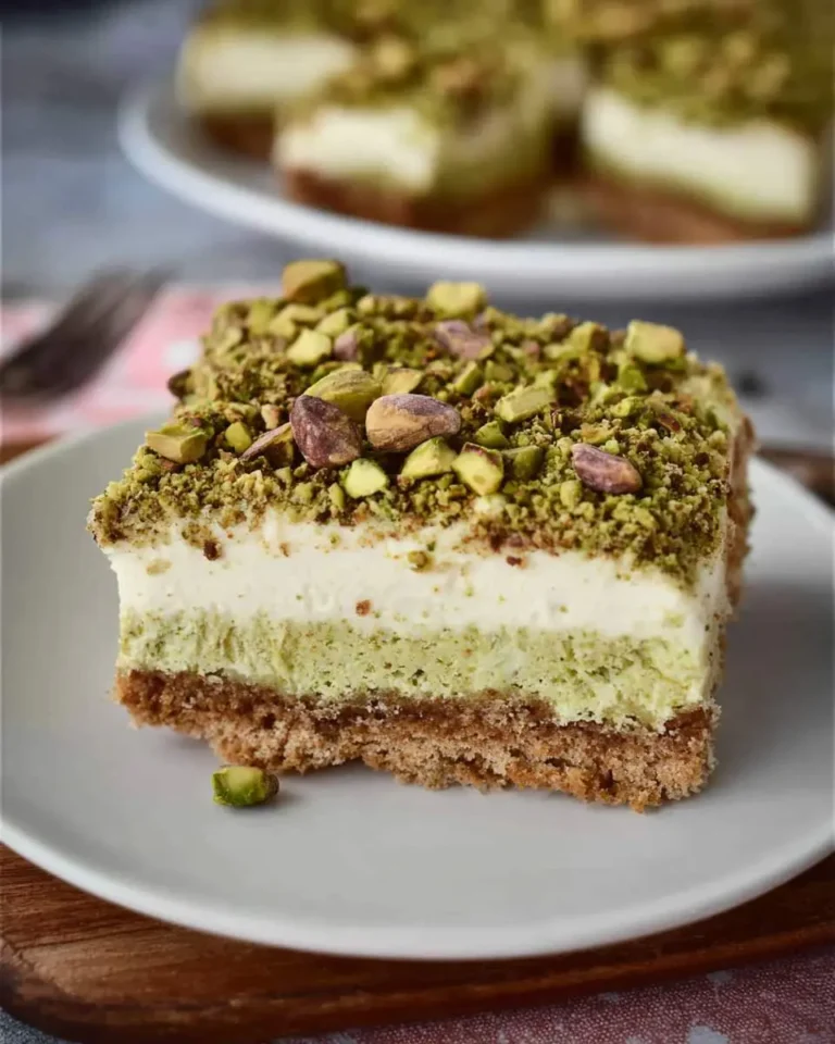 A layered pistachio cheesecake bar on a white plate, topped with crushed pistachios, with more bars blurred in the background.