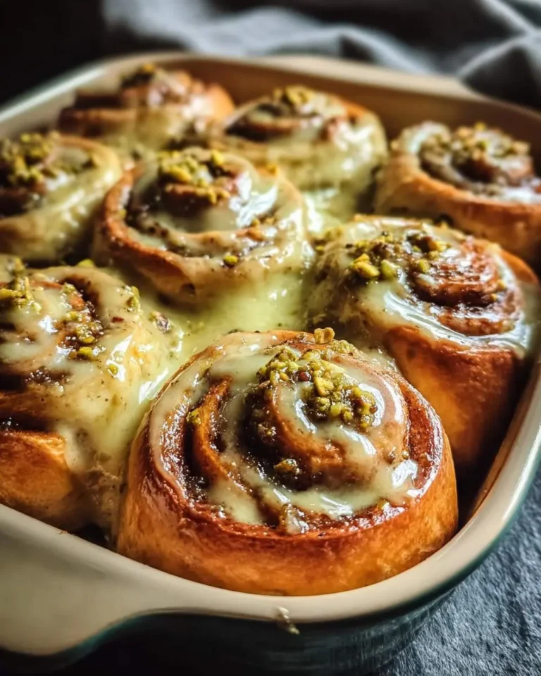 A ceramic baking dish filled with warm Pistachio Cream Cinnamon Rolls, generously topped with a creamy glaze and chopped pistachios.