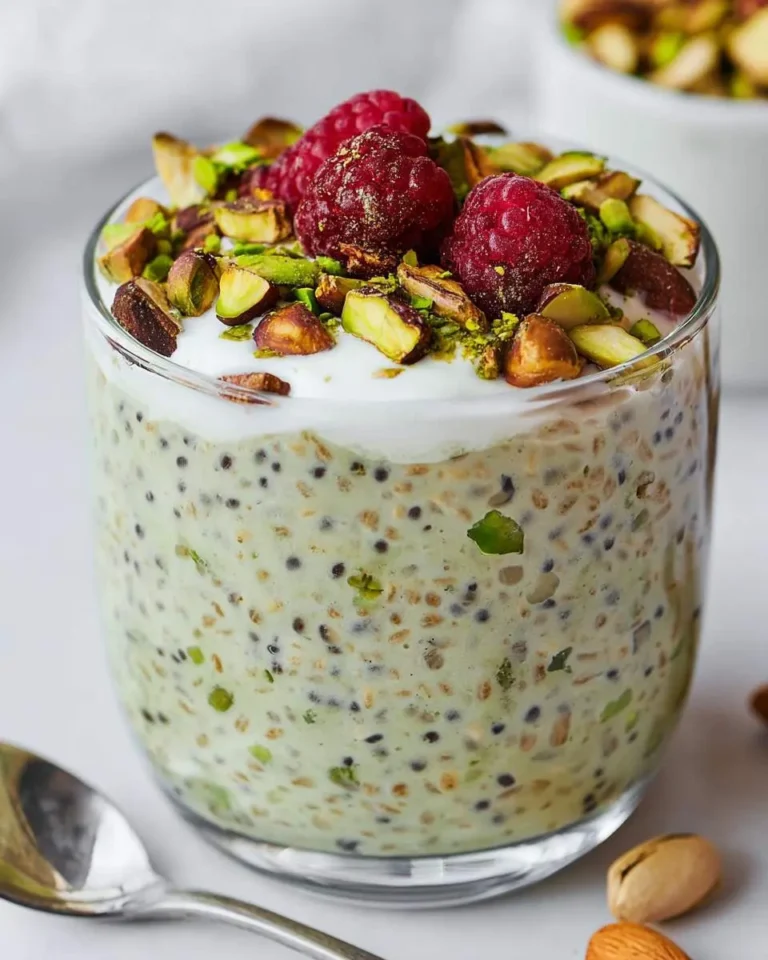 A close-up of a glass of creamy green pistachio overnight oats topped with fresh raspberries and chopped pistachios.