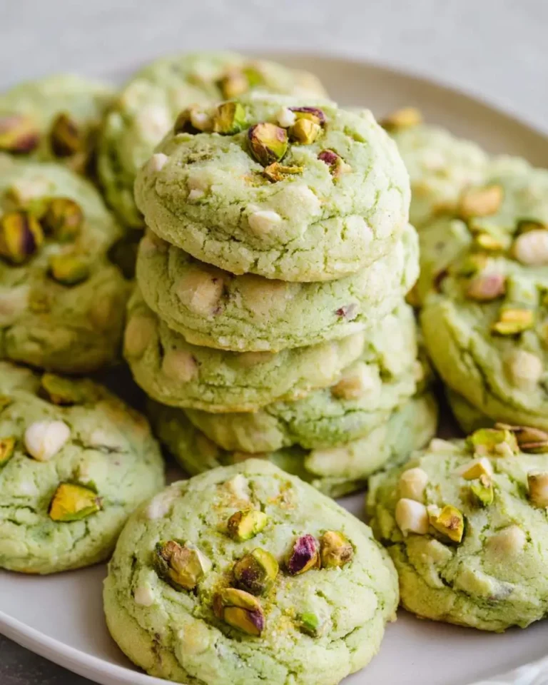 A stack of vibrant green pistachio pudding cookies, adorned with chopped pistachios and white chocolate chips, on a white plate.