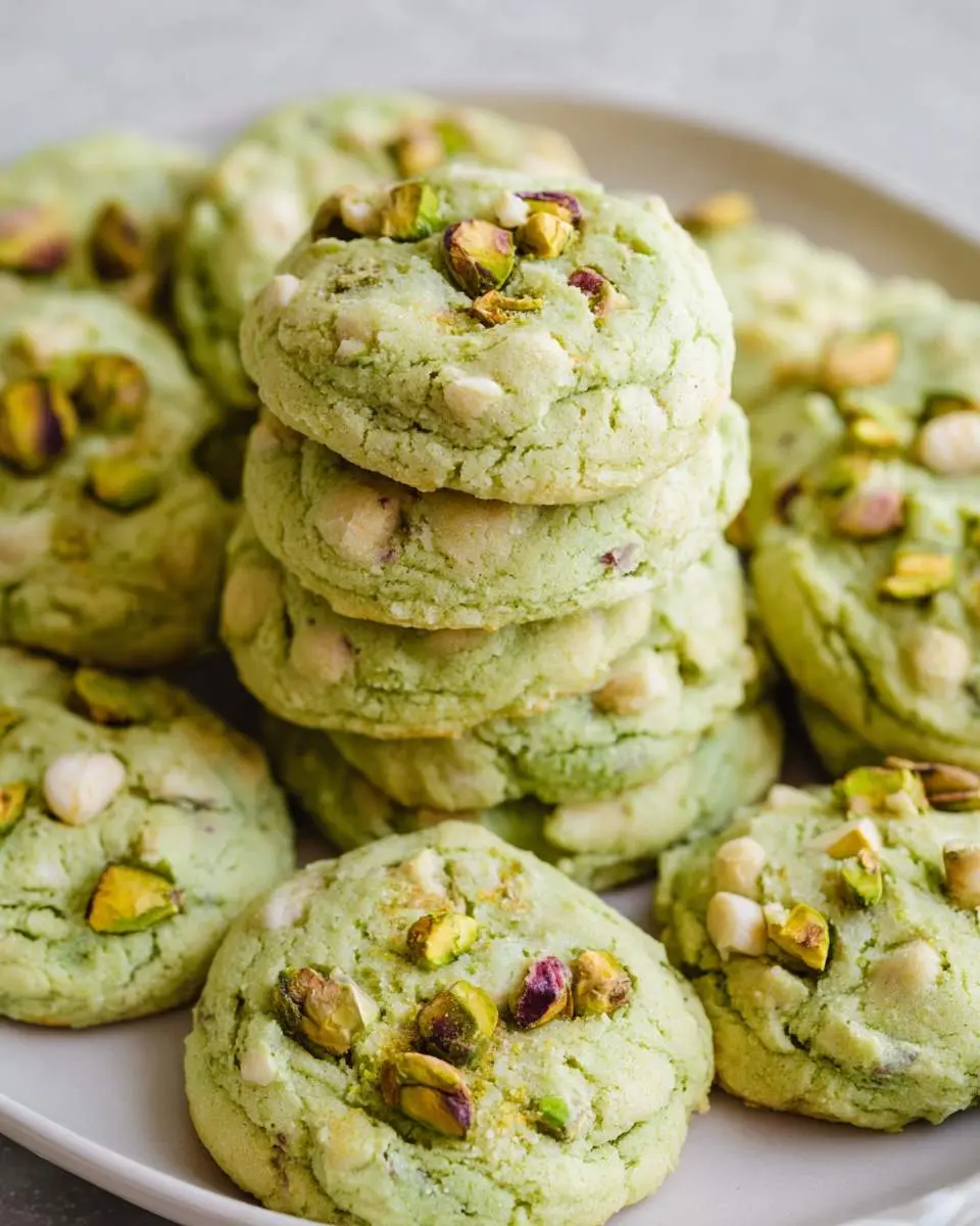 A stack of vibrant green pistachio pudding cookies, adorned with chopped pistachios and white chocolate chips, on a white plate.