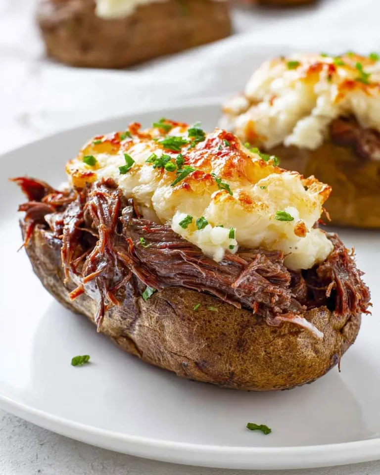 This close-up features one of the delicious pot roast twice baked potatoes, generously filled and garnished with fresh parsley.