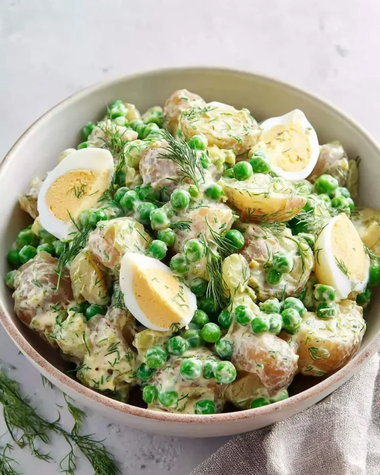 A close-up of a creamy Potato Salad with Peas and Dill, garnished with hard-boiled eggs in a white bowl on a light background.