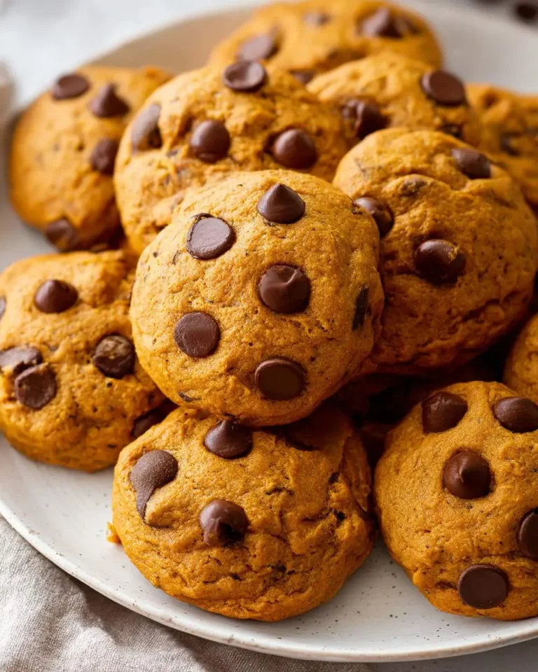 A close-up shot of a plate piled high with golden-brown, soft Pumpkin Chocolate Chip Cookies featuring prominent chocolate chips.