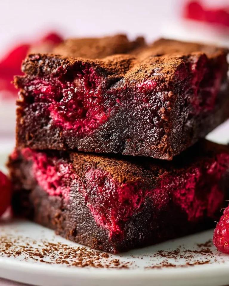 Stacked chocolate raspberry brownies, rich with fruit swirls and dusted with cocoa powder, served on a white plate.