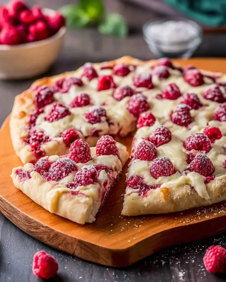 A beautiful raspberry cheesecake pizza with a slice removed, garnished with fresh raspberries and creamy topping, on a wooden board.