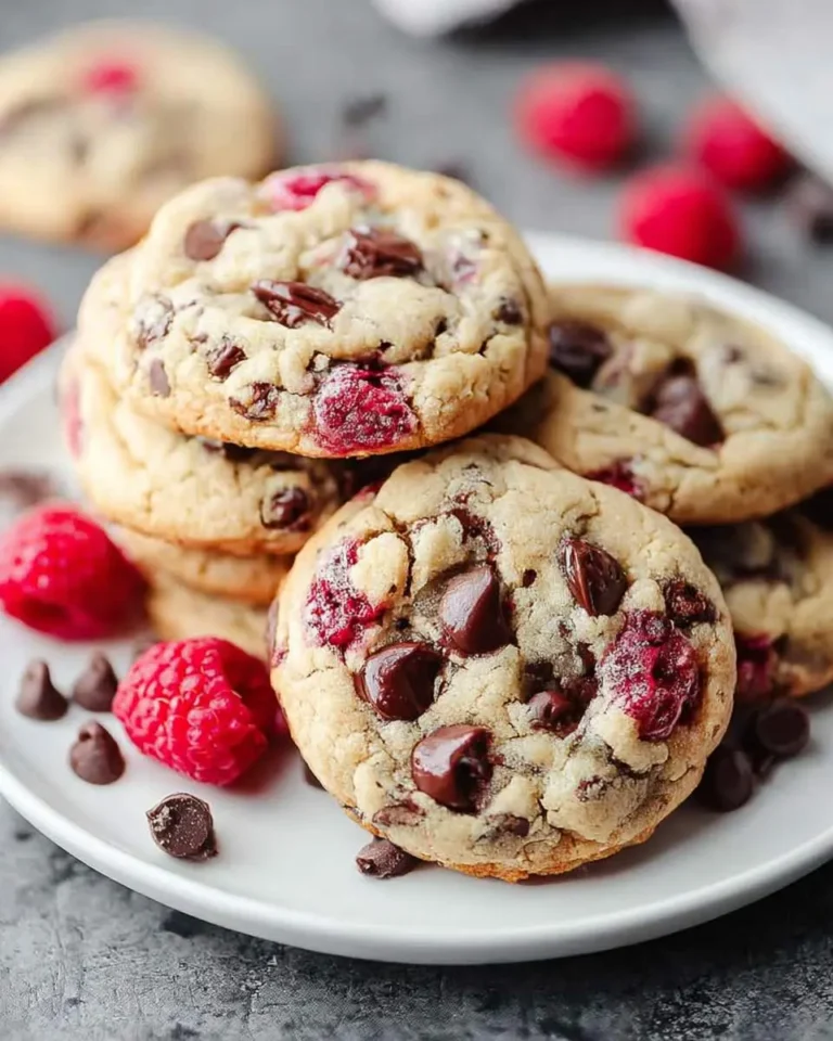 A close-up shot of a stack of delicious Raspberry Chocolate Chip Cookies on a white plate, with fresh raspberries and chocolate chips scattered nearby.