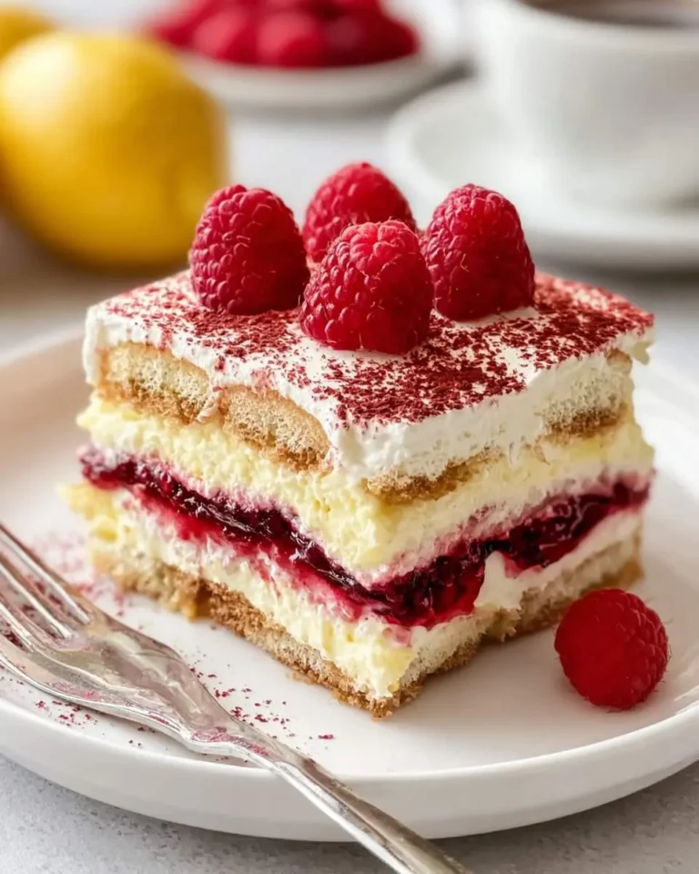 A delicious slice of Raspberry Lemon Tiramisu with creamy layers, raspberry compote, and ladyfingers, garnished with fresh berries.