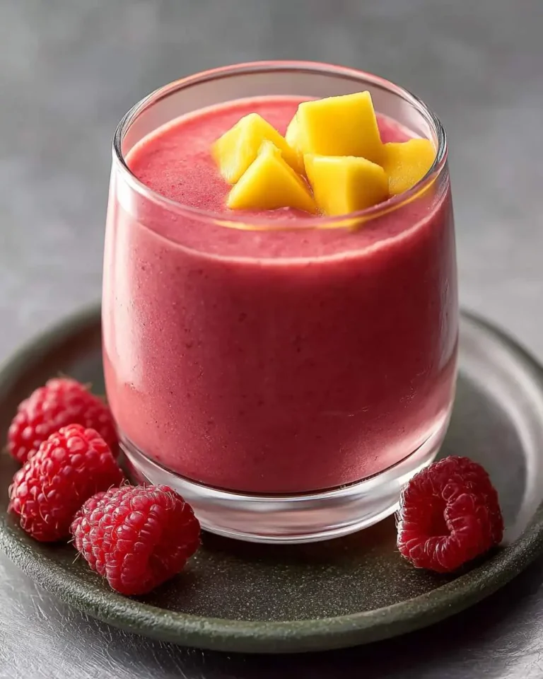 A vibrant raspberry mango smoothie in a clear glass, garnished with fresh mango cubes and surrounded by red raspberries on a dark plate.