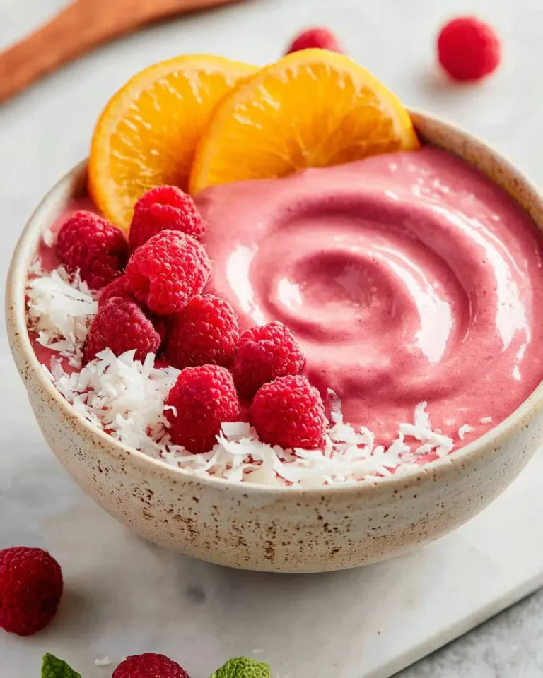 A vibrant Raspberry Orange Smoothie Bowl topped with fresh raspberries, shredded coconut, and bright orange slices.