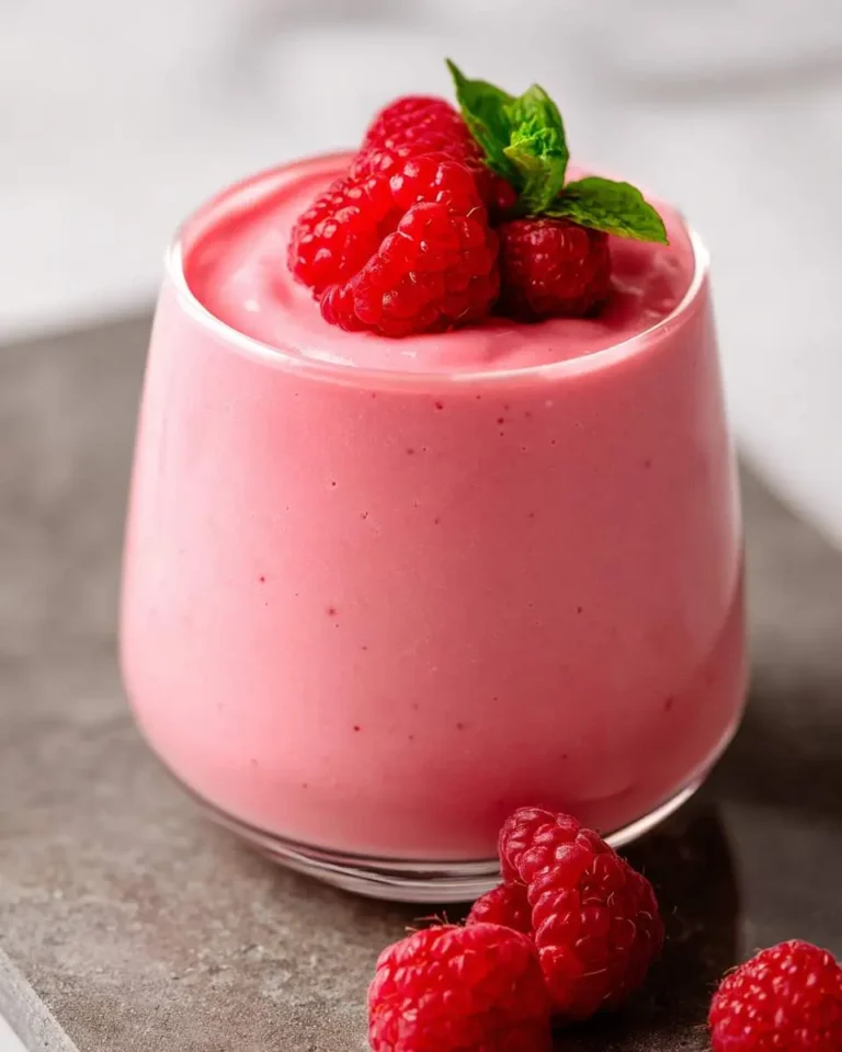 A vibrant pink raspberry smoothie in a clear glass, garnished with fresh raspberries and a mint sprig, on a textured dark surface.