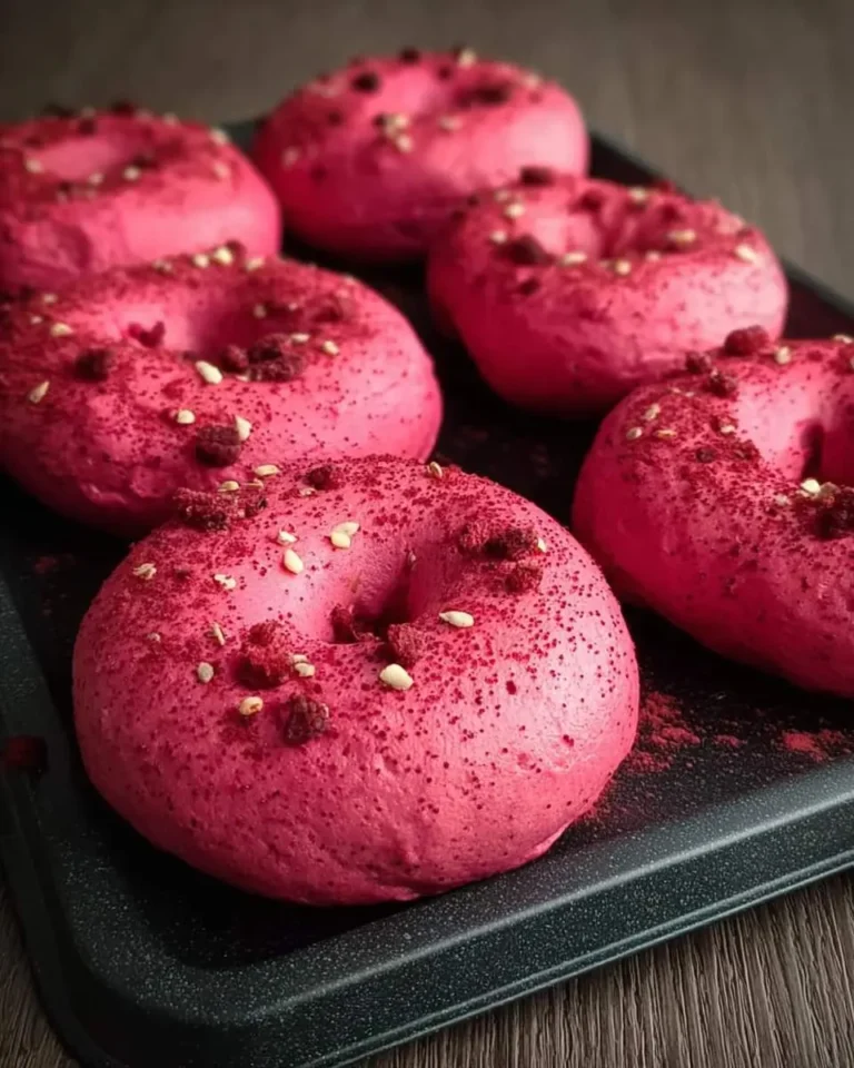 A close-up of a tray filled with vibrant pink Raspberry Sourdough Bagels, generously topped with dried raspberries and sesame seeds.