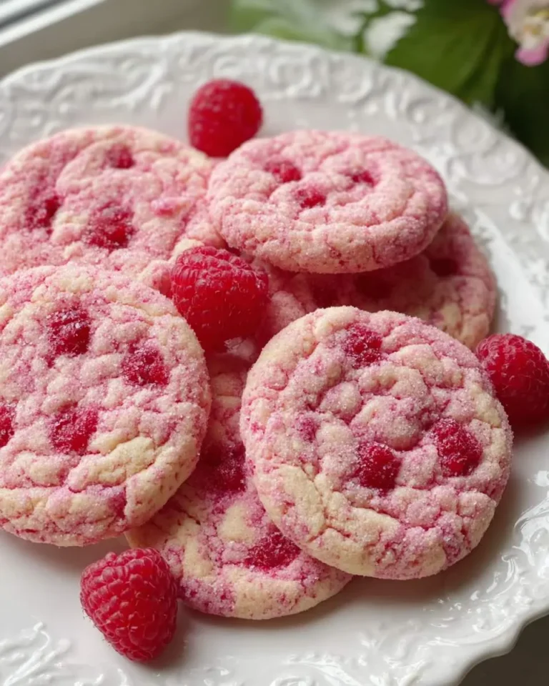 Close-up of delicious pink Raspberry Sugar Cookies with fresh raspberries on a white plate, perfect for a sweet treat.