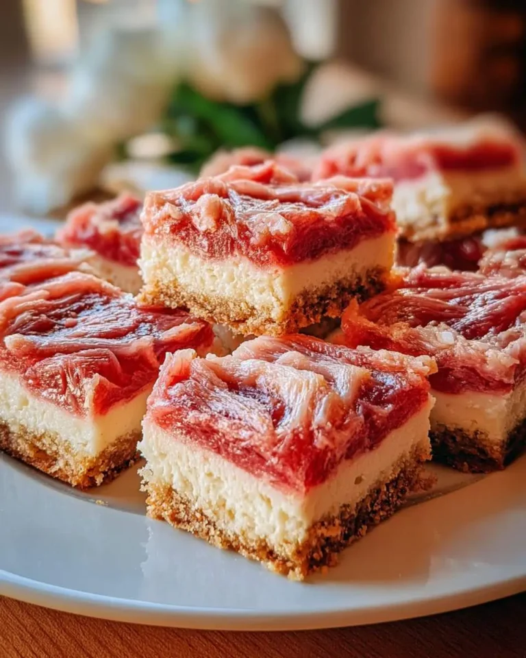 A close-up shot of several delicious Rhubarb cream cheese bars on a white plate, showcasing their vibrant red topping.