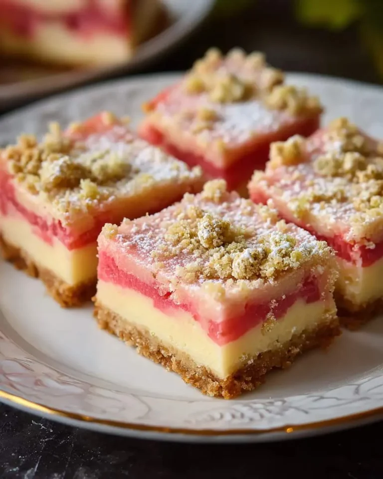 Close-up of four delectable Rhubarb Custard Bars on a white plate, displaying creamy custard, pink rhubarb, and a crumbly topping.