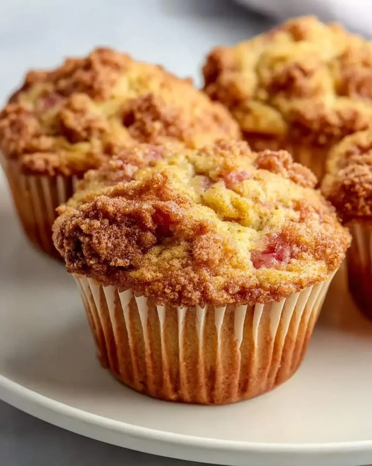 Close-up of freshly baked rhubarb muffins with a golden crumb topping, presented on a white plate.