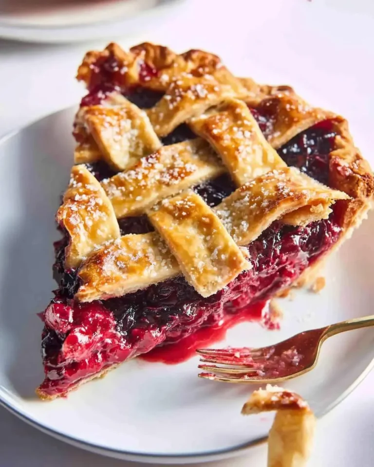 A delicious slice of Rhubarb Mulberry Pie with a lattice top crust sprinkled with sugar on a white plate, ready to be enjoyed.