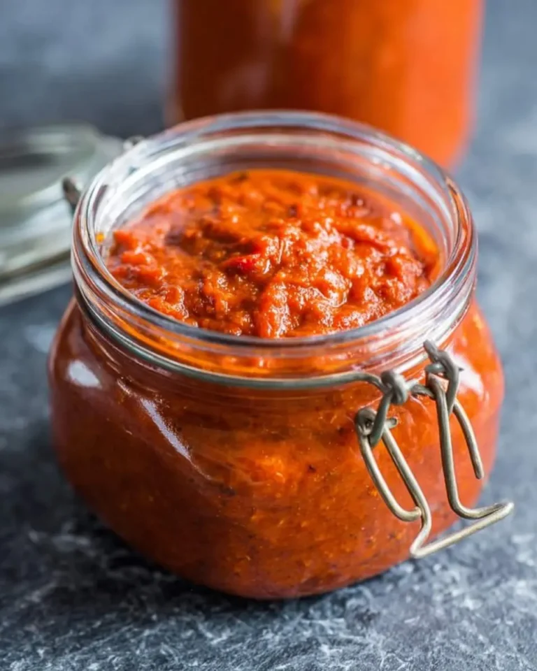 A glass jar filled with vibrant roasted red pepper sauce sits on a dark countertop.