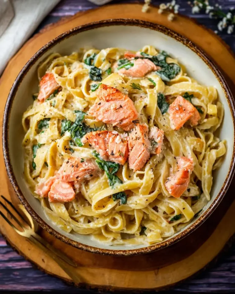 A close-up of a bowl of creamy Salmon Fettuccine Alfredo with spinach, garnished with fresh dill and black pepper, served on a rustic wooden board.