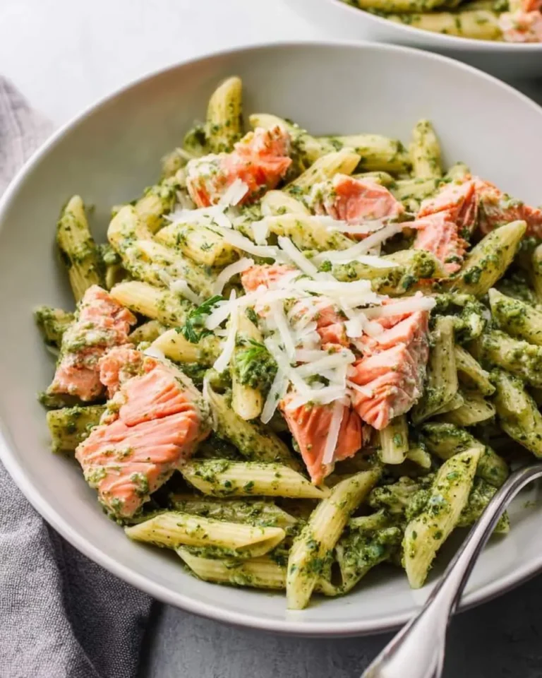 A close-up shot of a white bowl filled with delicious Salmon Pesto Pasta, garnished with Parmesan cheese and fresh herbs.