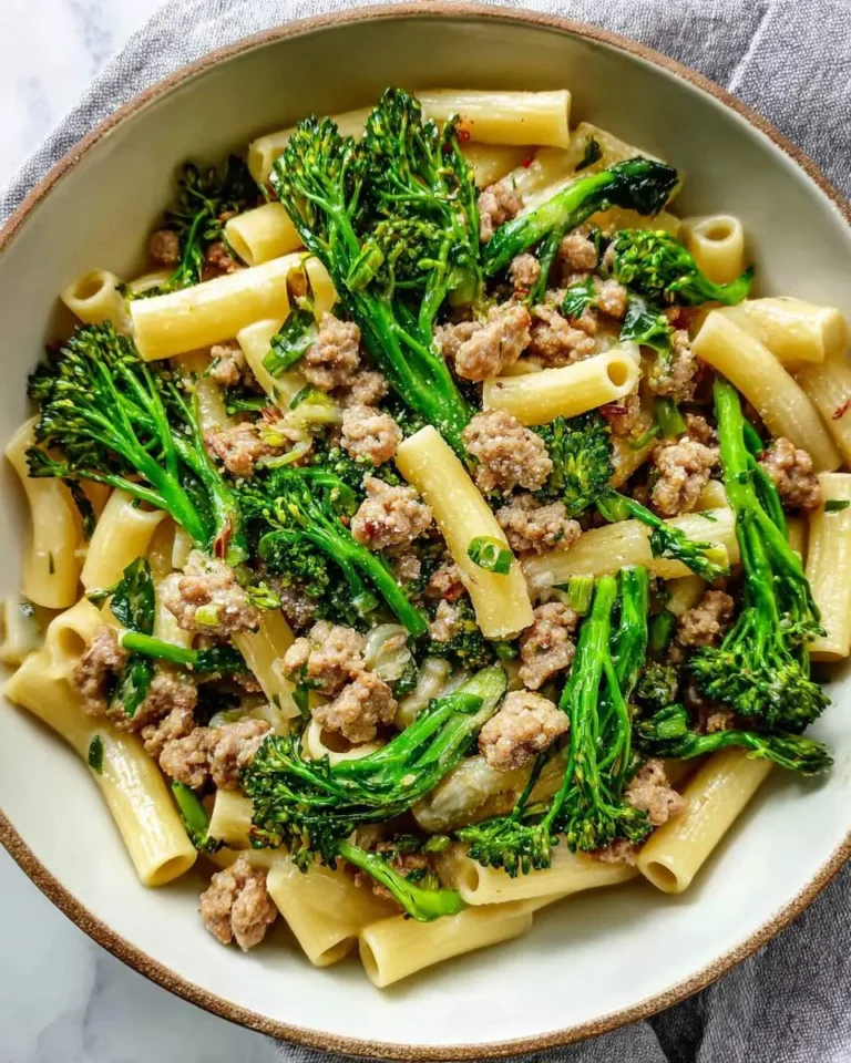 A close-up view of a delicious bowl of Sausage Broccolini Pasta with rigatoni, crumbled sausage, and fresh green broccolini.
