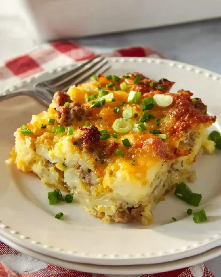 A delicious slice of golden-brown Sausage Hash Brown Casserole topped with melted cheese and fresh chives on a white plate.