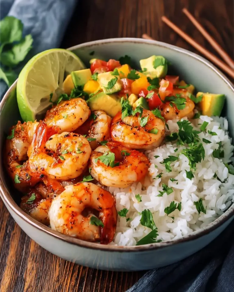 A close-up of a vibrant shrimp and rice bowl with avocado, colorful salsa, fresh cilantro, and a lime wedge.
