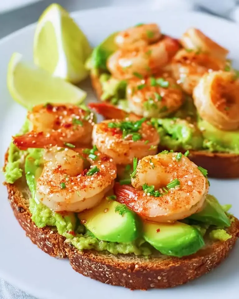 Two delectable pieces of shrimp avocado toast, garnished with chives and chili flakes, served with lime wedges.