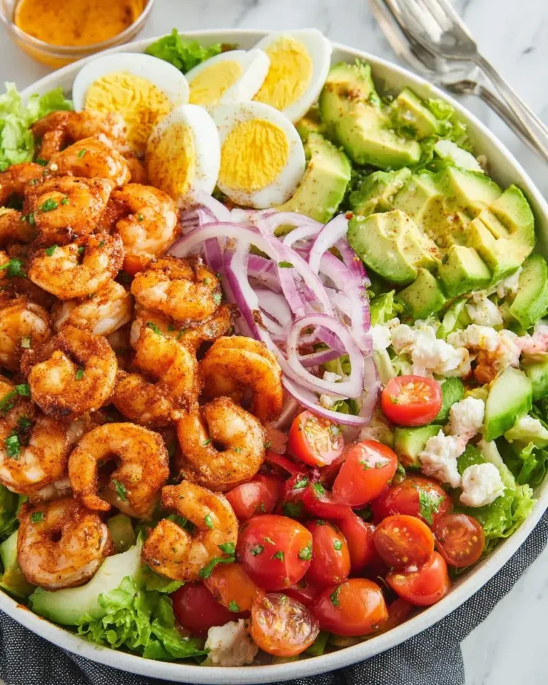 A colorful shrimp cobb salad with seasoned shrimp, eggs, avocado, tomatoes, red onion, and feta cheese in a bowl.