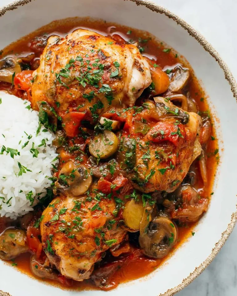 A rustic bowl of Slow Cooker Chicken Cacciatore with tender chicken, rich tomato sauce, mushrooms, and a side of white rice.