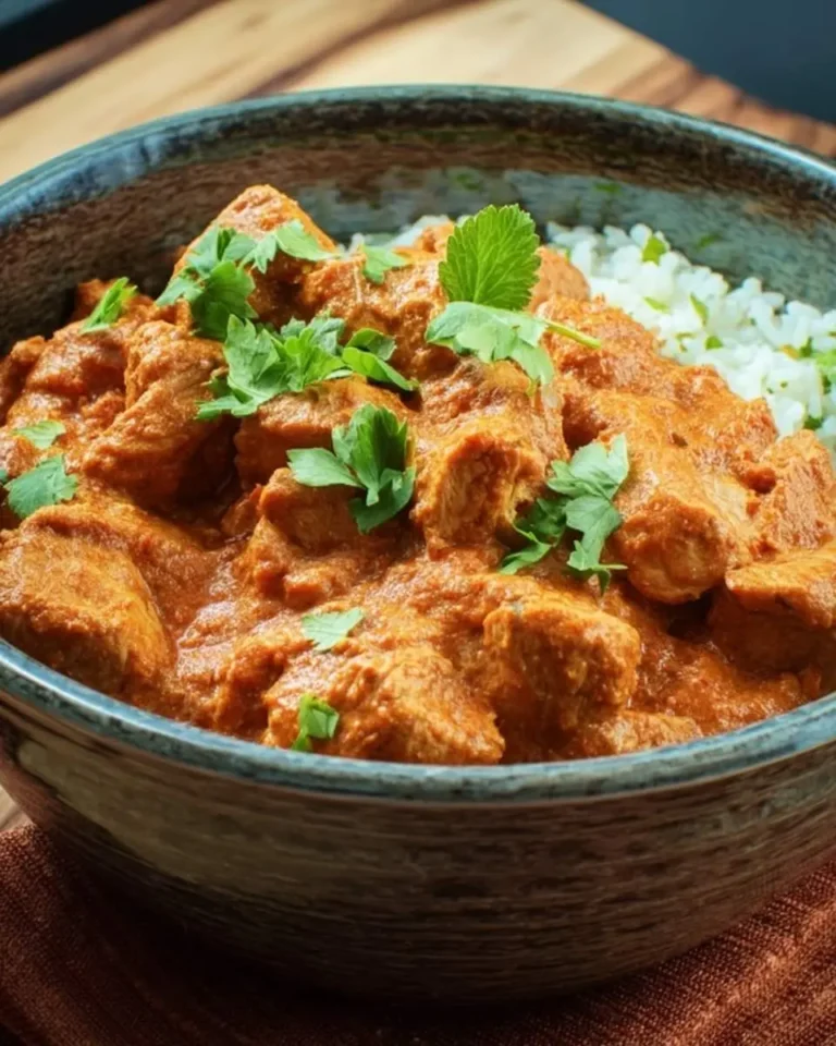 A close-up of delicious Slow Cooker Chicken Tikka Masala with tender chicken pieces and creamy sauce, garnished with fresh cilantro, served with white rice.